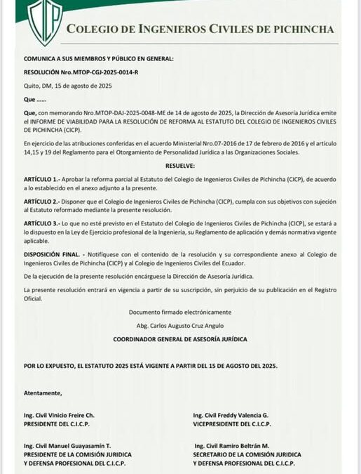 Reforma parcial del Estatuto del CICP aprobada por el MTOP