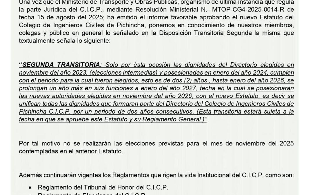 Aprobación del nuevo Estatuto del Colegio de Ingenieros Civiles de Pichincha