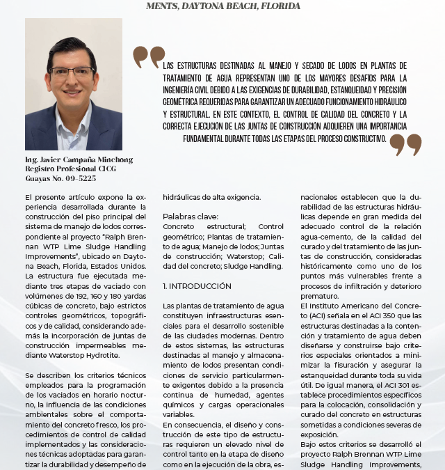 CONTROL GEOMÉTRICO Y CALIDAD DEL VACIADO DE CONCRETO EN ESTRUCTURAS PARA MANEJO DE LODOS EN PLANTAS DE TRATAMIENTO DE AGUA